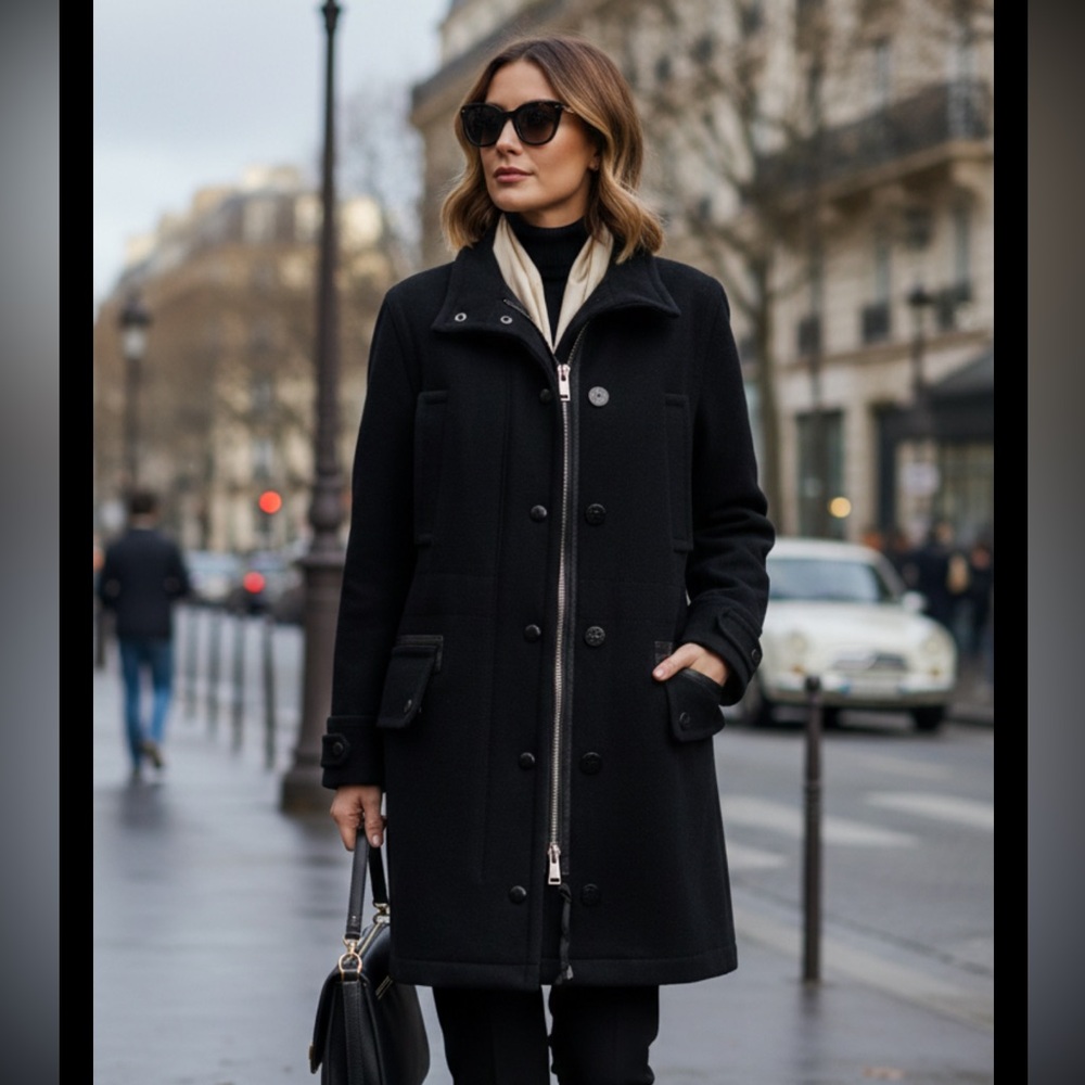 Coach Women’s Long Wool COAT Size L Jacket Black Money Staple Classy City
